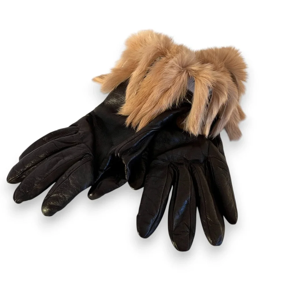Portolano Brown Italian Leather Gloves Fur Cuff Cashmere Lined Women's Size 6.5
